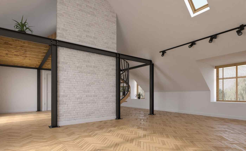 L-shaped dormer loft conversion Open-plan loft conversion space with full head height under a dormer