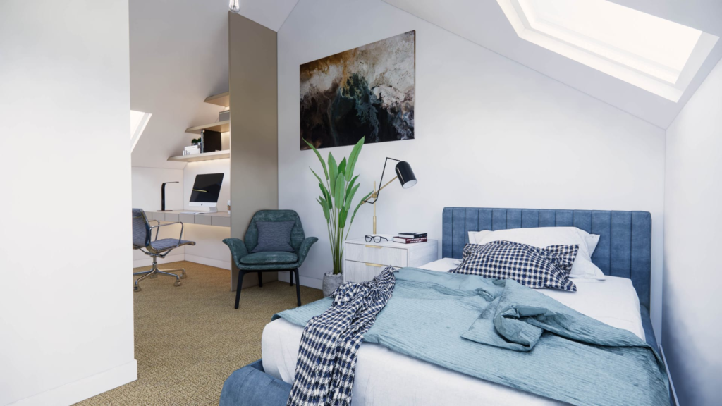 Finished rear dormer loft conversion bedroom in Birmingham
