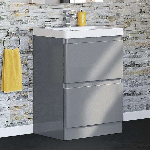 Nova Floor Standing 2 Drawer Vanity Unit with Ceramic Basin (Glossy Grey) (BO-NV600FGR)