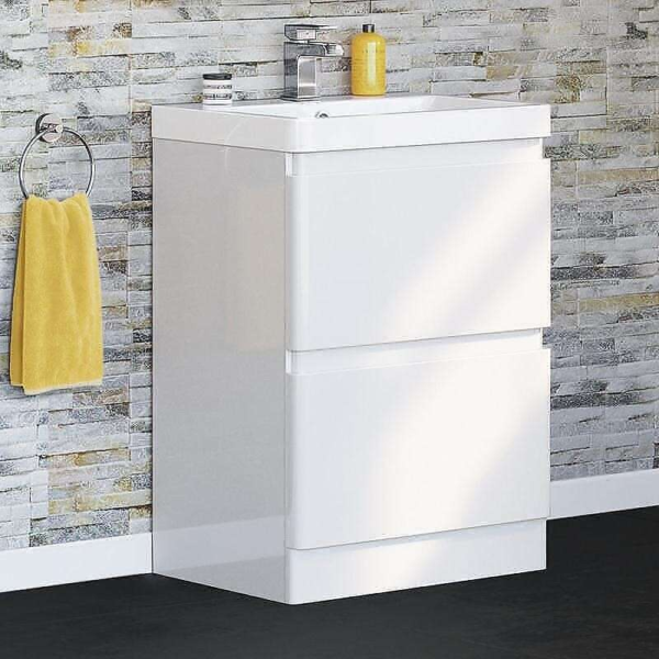 Nova Floor Standing 2 Drawer Vanity Unit with Ceramic Basin (Glossy White)