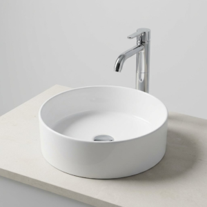 White countertop basin with chrome tap