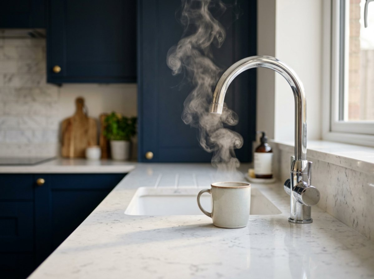 Chrome boiling water tap in a navy kitchen